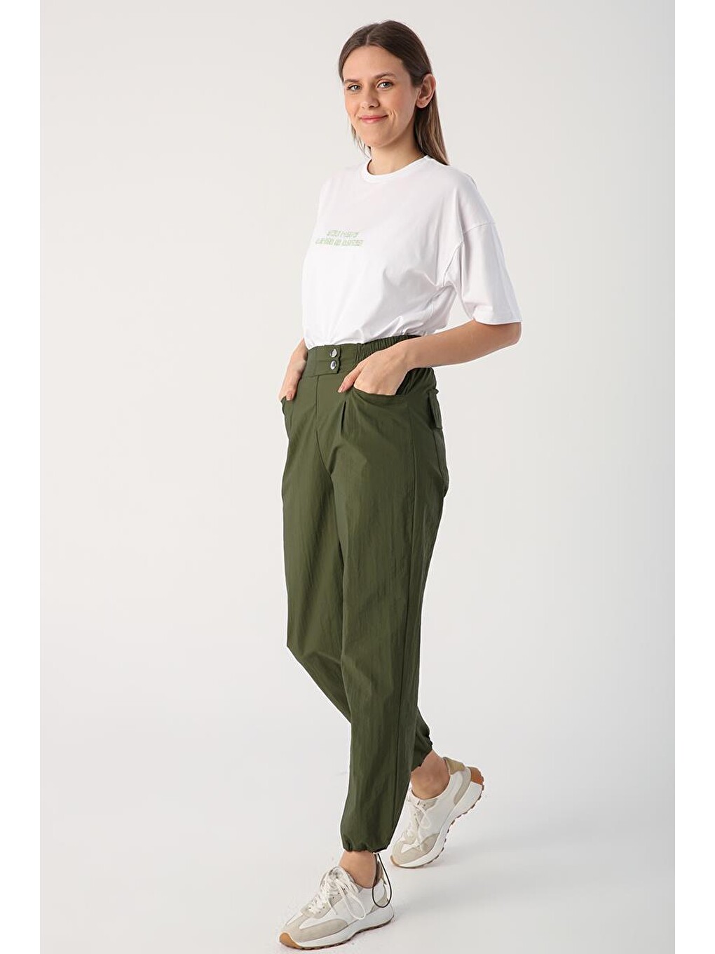 Haki-beli Lastikli Paçası Büzgü Detaylı Pantolon-2