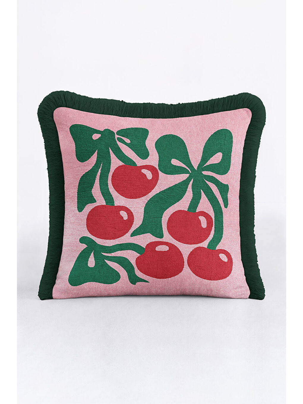 Karışık Retro Kiraz Motifli Saçaklı Yastık Kılıfı - Bohem Pembe Yeşil Püsküllü Kırlent Kılıfı-1