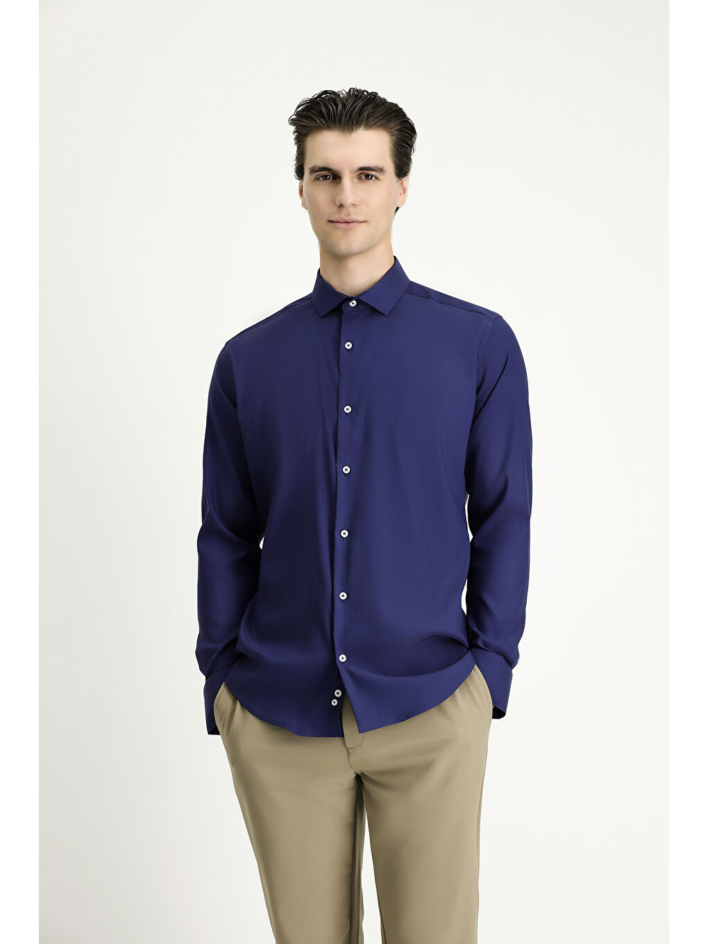 Lacivert Techno-Line Uzun Kol Slim Fit Dar Kesim Klasik Gömlek-3