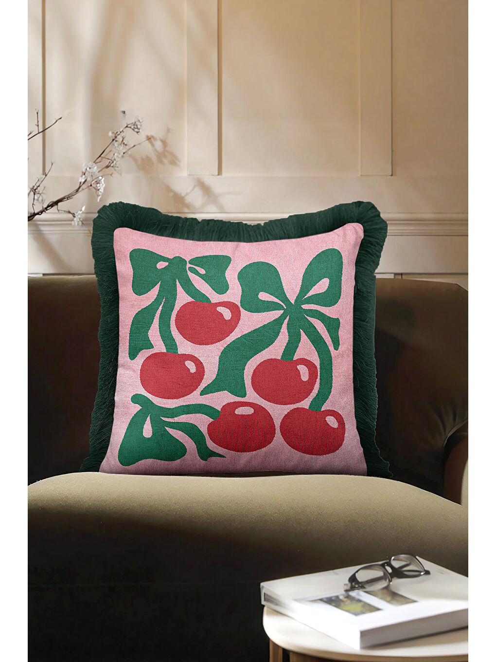 Karışık Retro Kiraz Motifli Saçaklı Yastık Kılıfı - Bohem Pembe Yeşil Püsküllü Kırlent Kılıfı-2