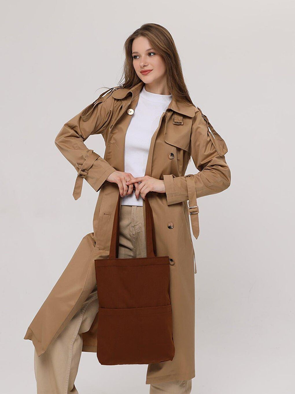 Kahverengi 3 Cepli Koyu Kahve Gabardin Çanta-1