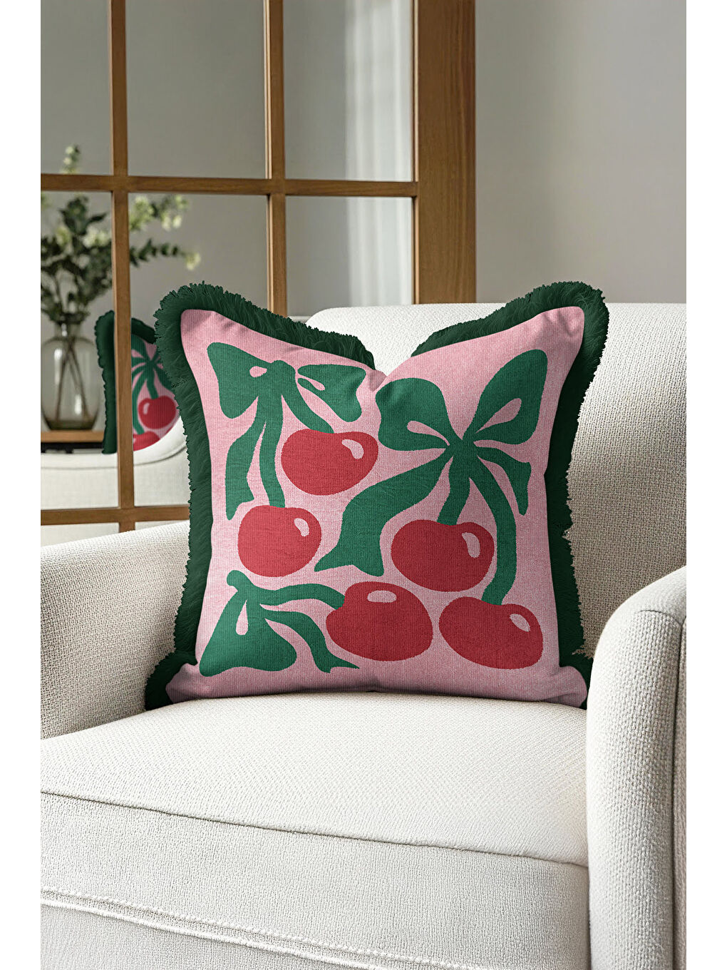Karışık Retro Kiraz Motifli Saçaklı Yastık Kılıfı - Bohem Pembe Yeşil Püsküllü Kırlent Kılıfı-3