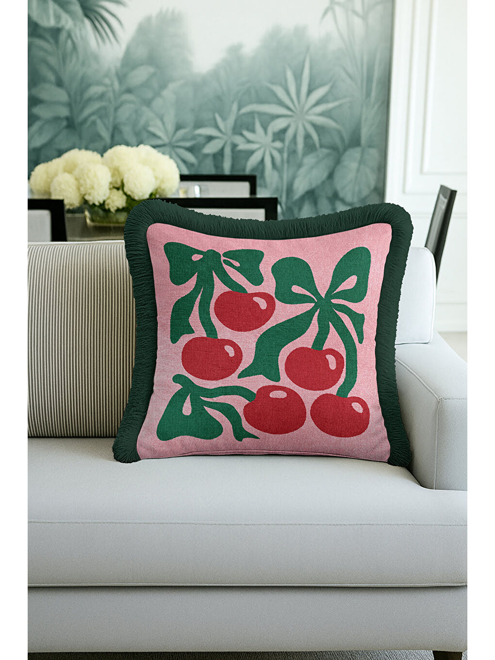 Karışık Retro Kiraz Motifli Saçaklı Yastık Kılıfı - Bohem Pembe Yeşil Püsküllü Kırlent Kılıfı-4