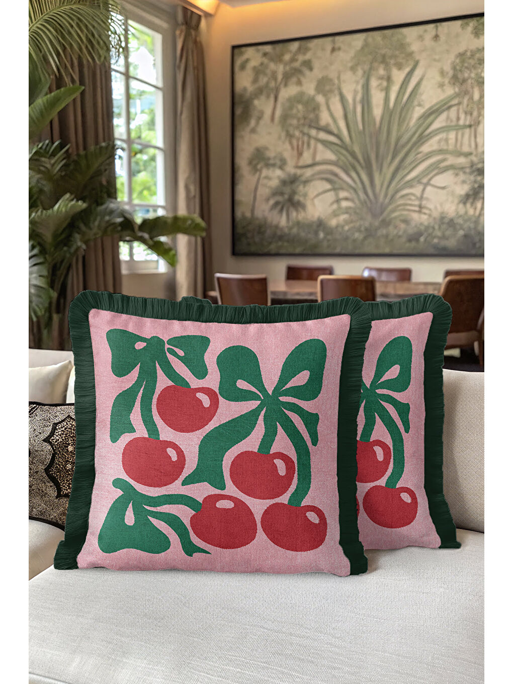 Karışık Retro Kiraz Motifli Saçaklı Yastık Kılıfı - Bohem Pembe Yeşil Püsküllü Kırlent Kılıfı-5