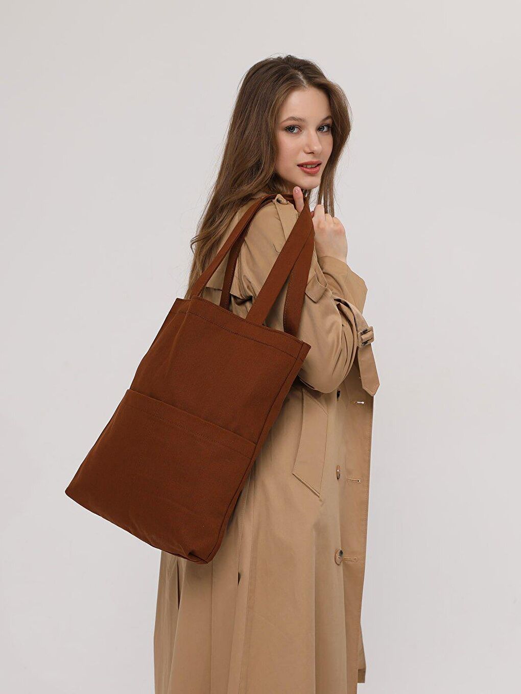 Kahverengi 3 Cepli Koyu Kahve Gabardin Çanta-3