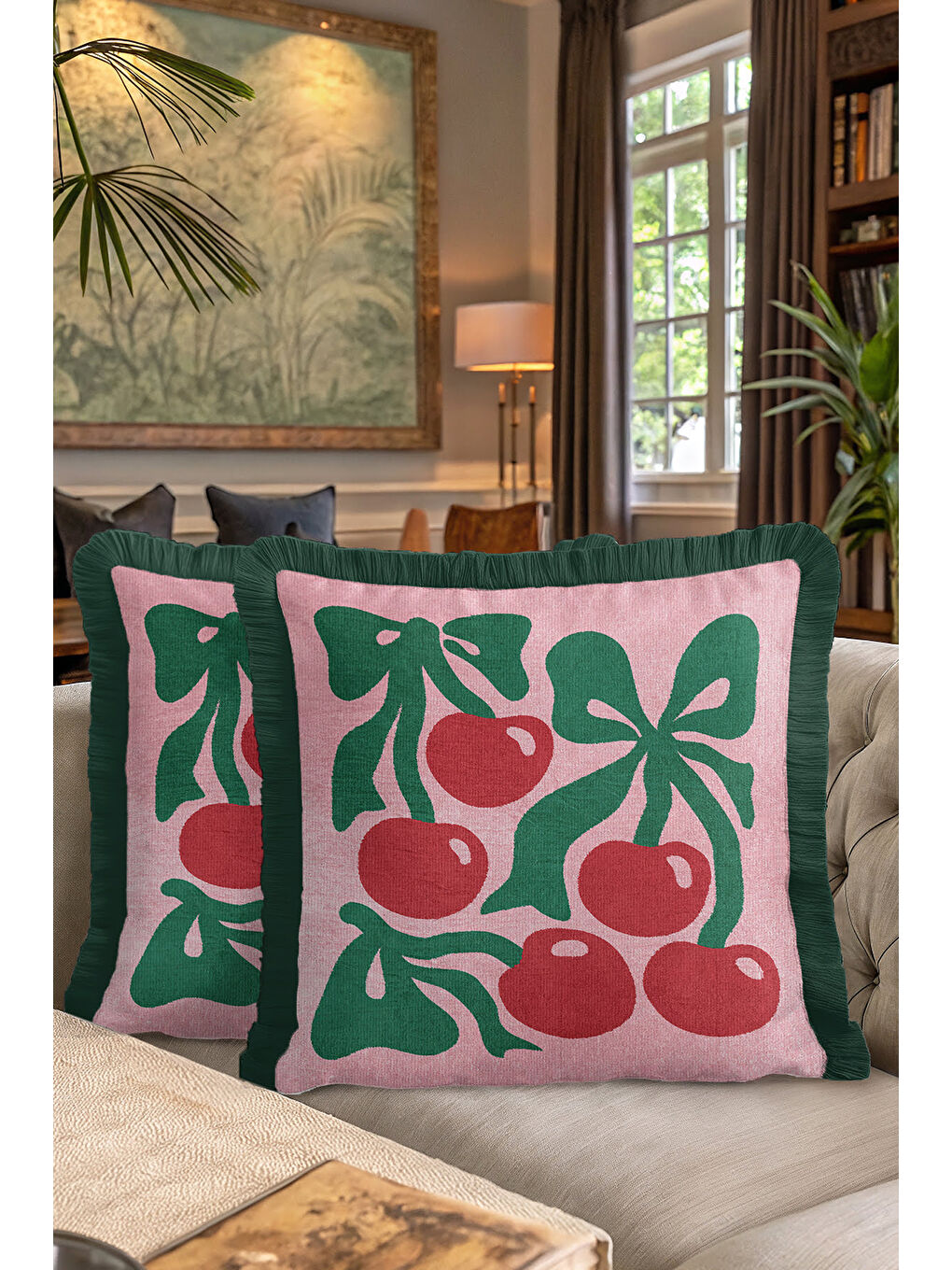 Karışık Retro Kiraz Motifli Saçaklı Yastık Kılıfı - Bohem Pembe Yeşil Püsküllü Kırlent Kılıfı-7