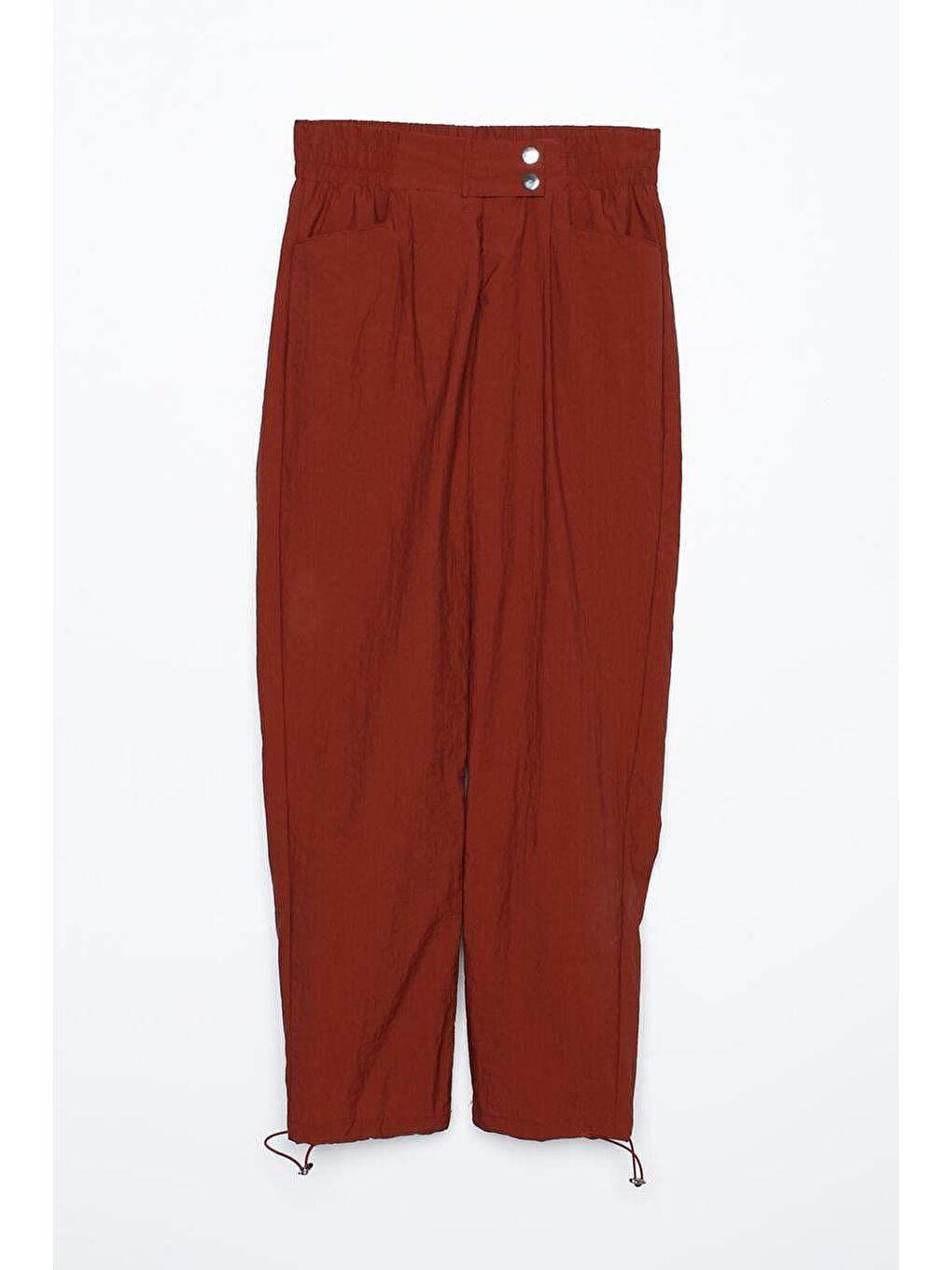 Kahverengi Kiremit-Beli Lastikli Paçası Büzgü Detaylı Pantolon-5