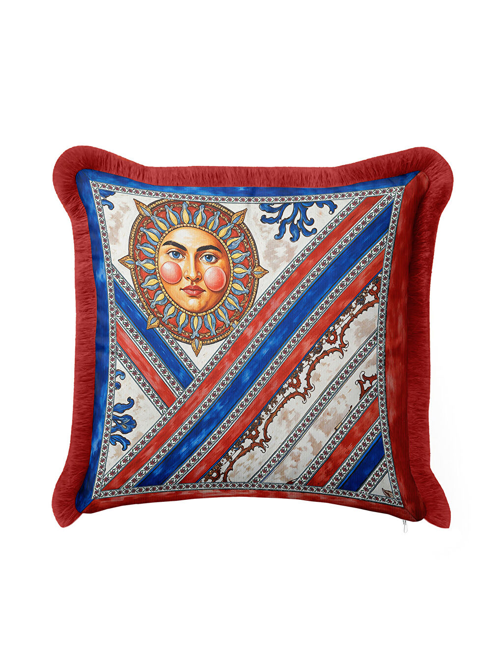 Karışık Antik Güneş Motifli Saçaklı Yastık Kılıfı - Sanatsal Bohem Kırmızı Mavi Püsküllü Kırlent Kılıfı