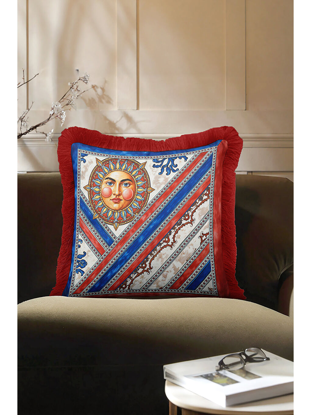 Karışık Antik Güneş Motifli Saçaklı Yastık Kılıfı - Sanatsal Bohem Kırmızı Mavi Püsküllü Kırlent Kılıfı-1