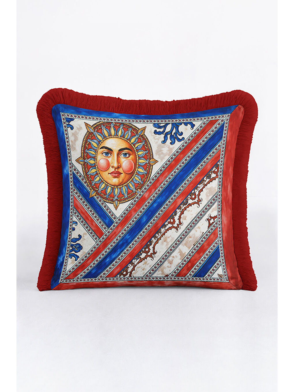 Karışık Antik Güneş Motifli Saçaklı Yastık Kılıfı - Sanatsal Bohem Kırmızı Mavi Püsküllü Kırlent Kılıfı-2