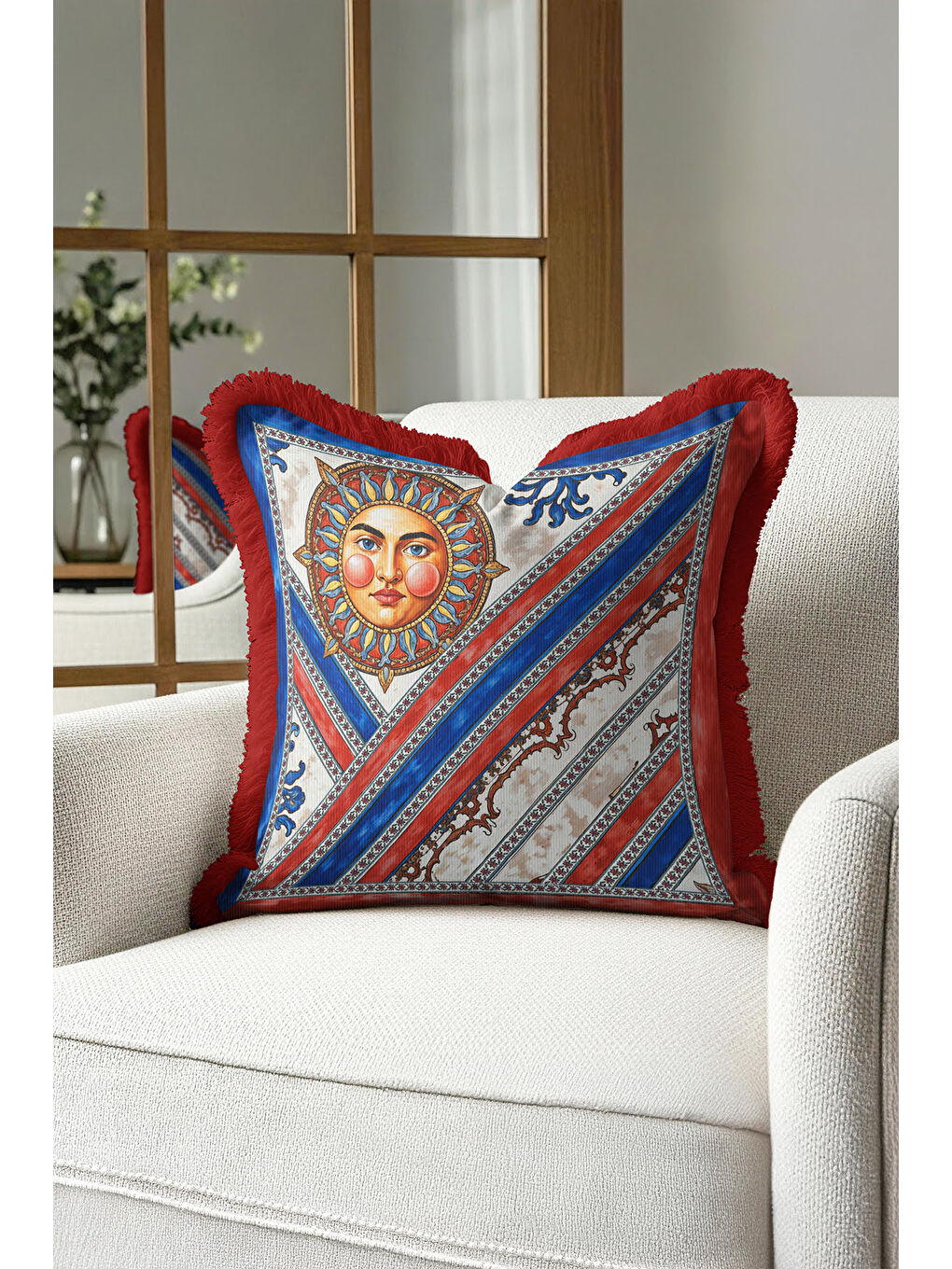 Karışık Antik Güneş Motifli Saçaklı Yastık Kılıfı - Sanatsal Bohem Kırmızı Mavi Püsküllü Kırlent Kılıfı-3