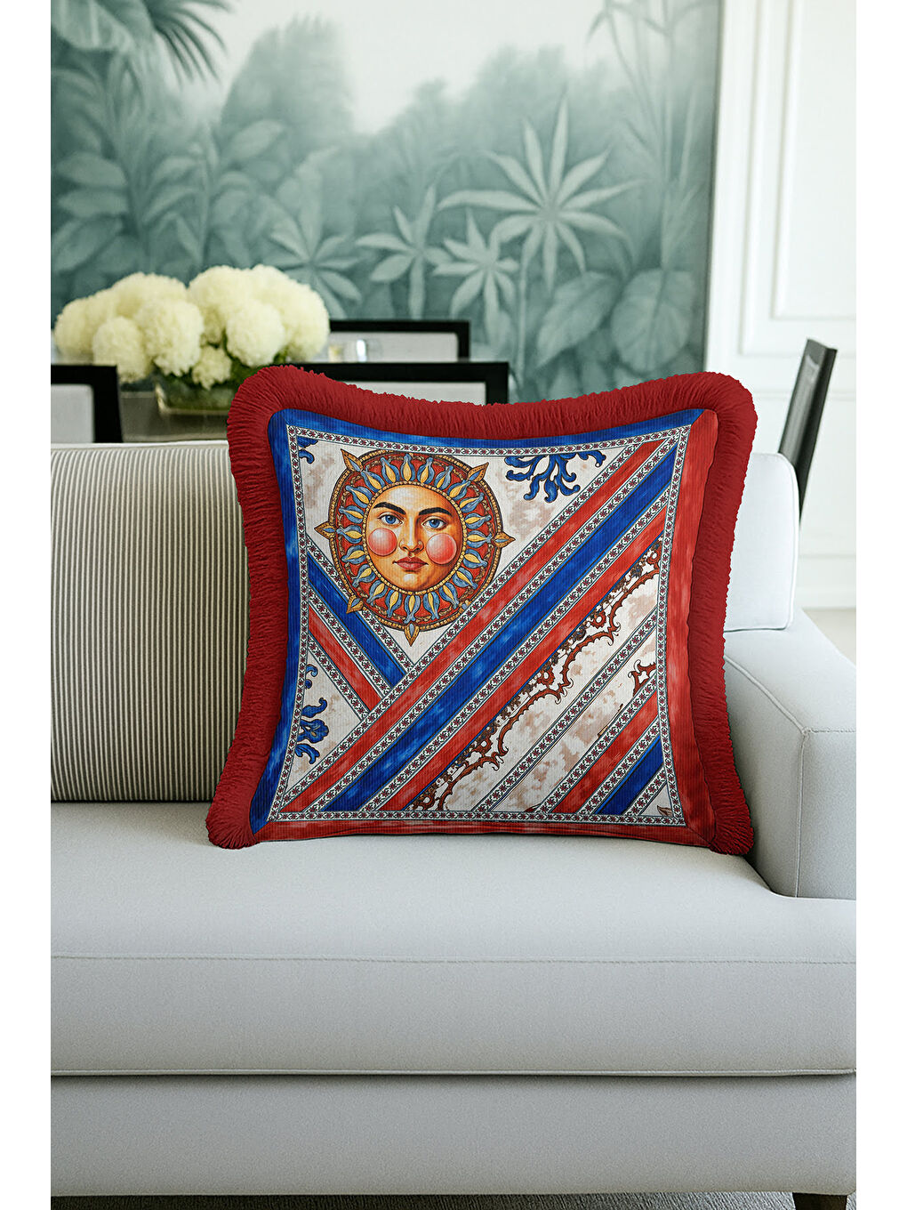 Karışık Antik Güneş Motifli Saçaklı Yastık Kılıfı - Sanatsal Bohem Kırmızı Mavi Püsküllü Kırlent Kılıfı-4