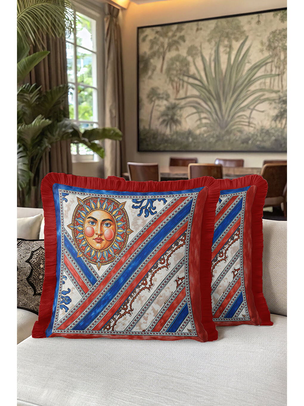 Karışık Antik Güneş Motifli Saçaklı Yastık Kılıfı - Sanatsal Bohem Kırmızı Mavi Püsküllü Kırlent Kılıfı-5