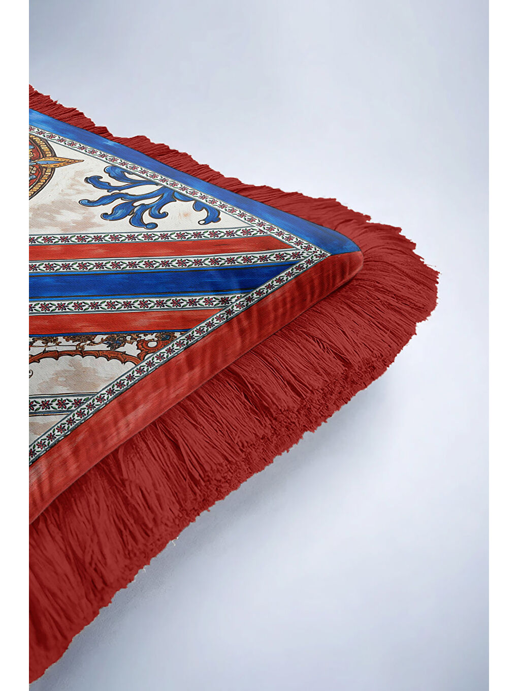 Karışık Antik Güneş Motifli Saçaklı Yastık Kılıfı - Sanatsal Bohem Kırmızı Mavi Püsküllü Kırlent Kılıfı-6