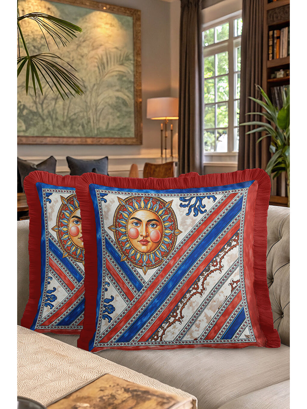 Karışık Antik Güneş Motifli Saçaklı Yastık Kılıfı - Sanatsal Bohem Kırmızı Mavi Püsküllü Kırlent Kılıfı-7