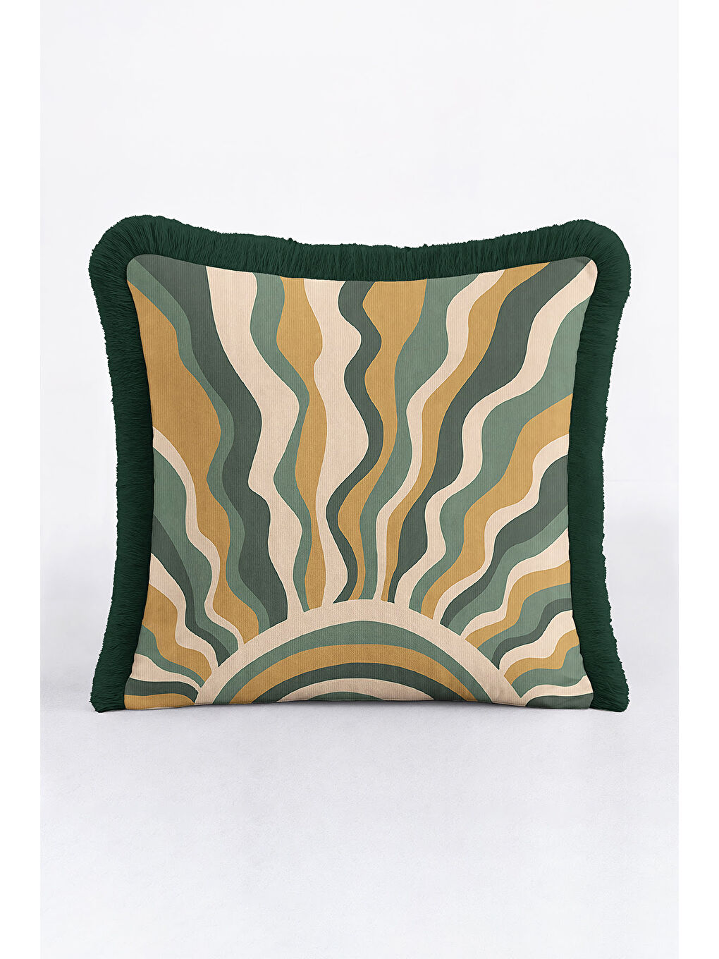 Karışık Retro Dalga Altın Renkli Saçaklı Yastık Kılıfı - Güneş Vurgulu Bohem Yeşil Püsküllü Kırlent Kılıfı