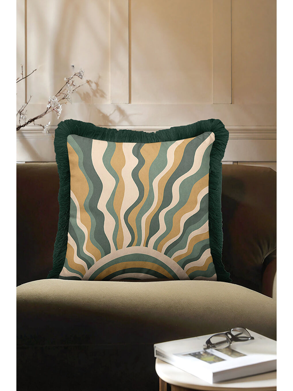 Karışık Retro Dalga Altın Renkli Saçaklı Yastık Kılıfı - Güneş Vurgulu Bohem Yeşil Püsküllü Kırlent Kılıfı-1
