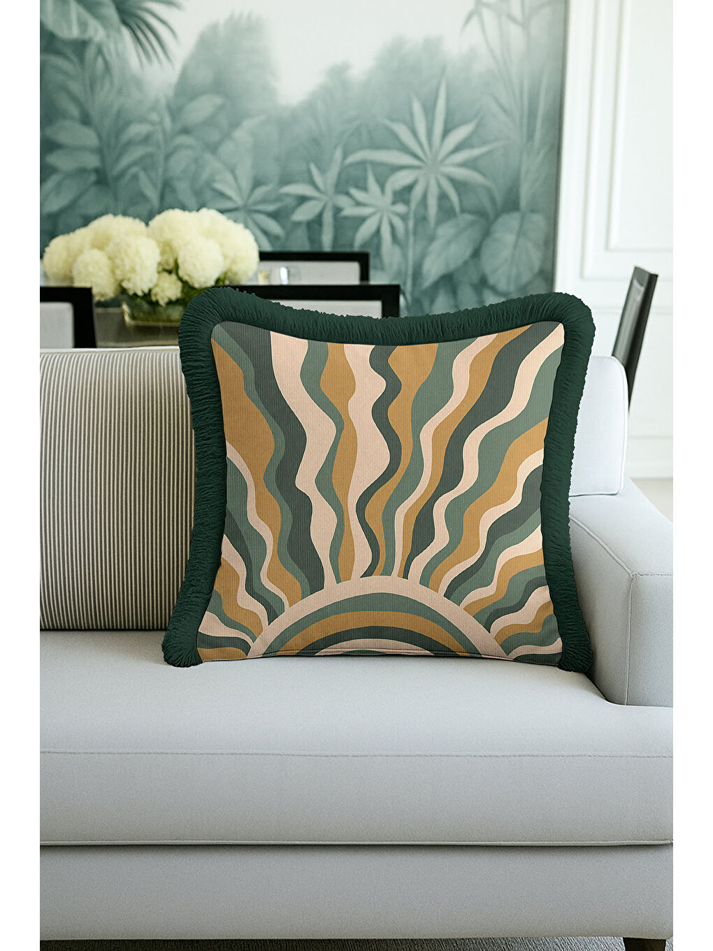 Karışık Retro Dalga Altın Renkli Saçaklı Yastık Kılıfı - Güneş Vurgulu Bohem Yeşil Püsküllü Kırlent Kılıfı-2