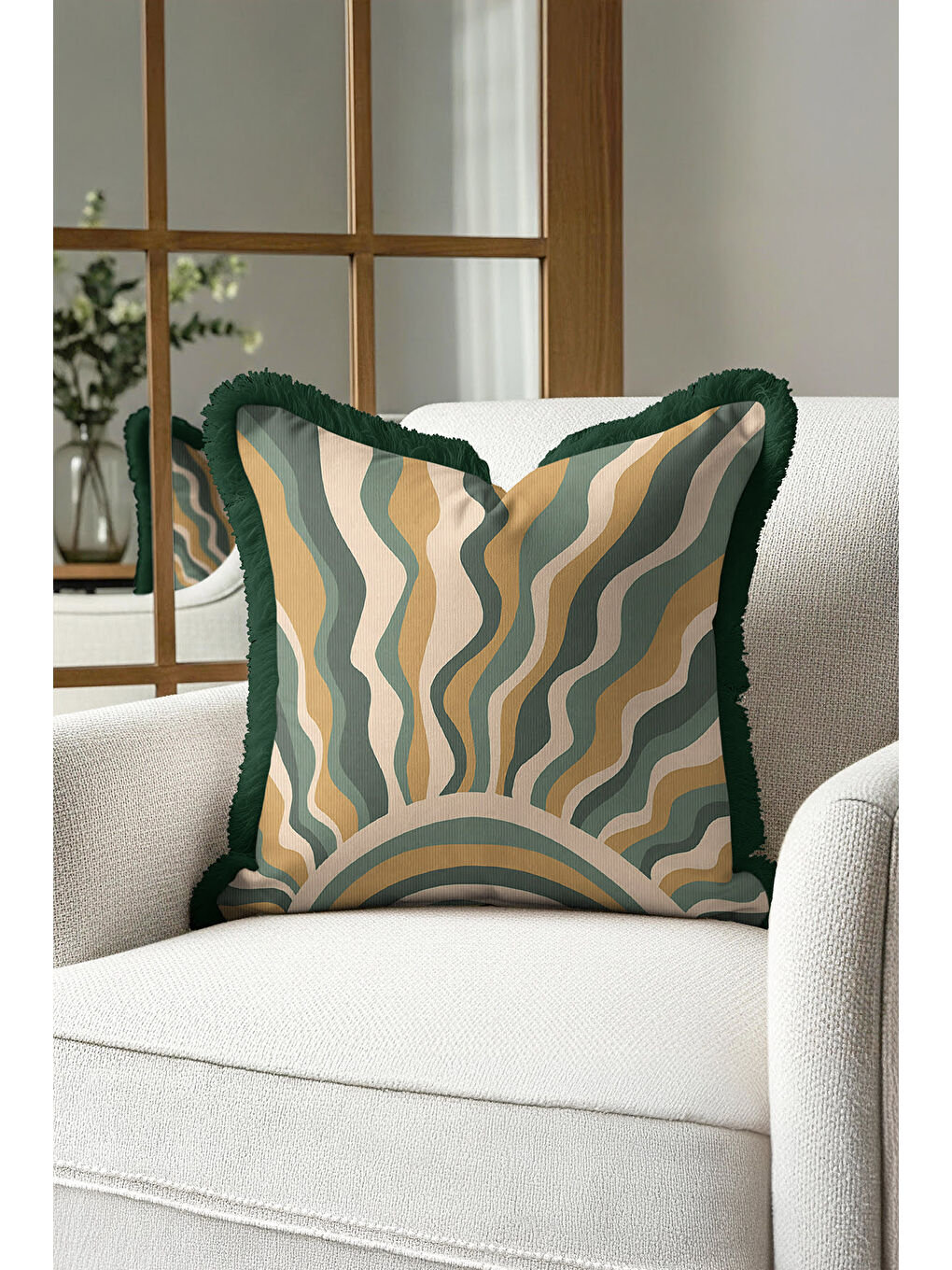 Karışık Retro Dalga Altın Renkli Saçaklı Yastık Kılıfı - Güneş Vurgulu Bohem Yeşil Püsküllü Kırlent Kılıfı-3