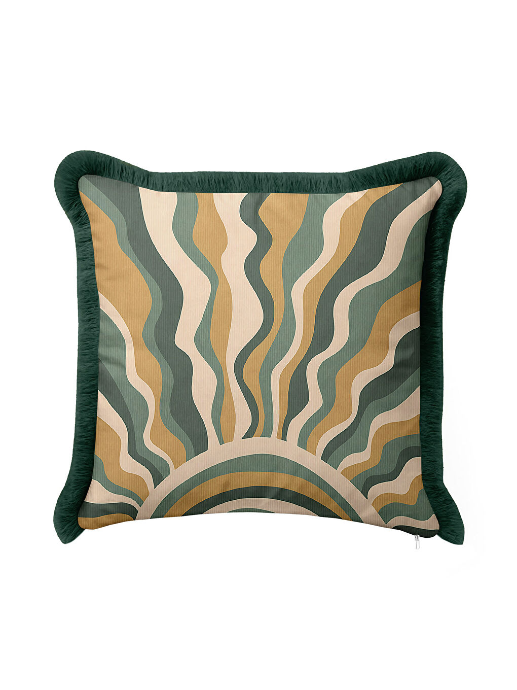 Karışık Retro Dalga Altın Renkli Saçaklı Yastık Kılıfı - Güneş Vurgulu Bohem Yeşil Püsküllü Kırlent Kılıfı-4