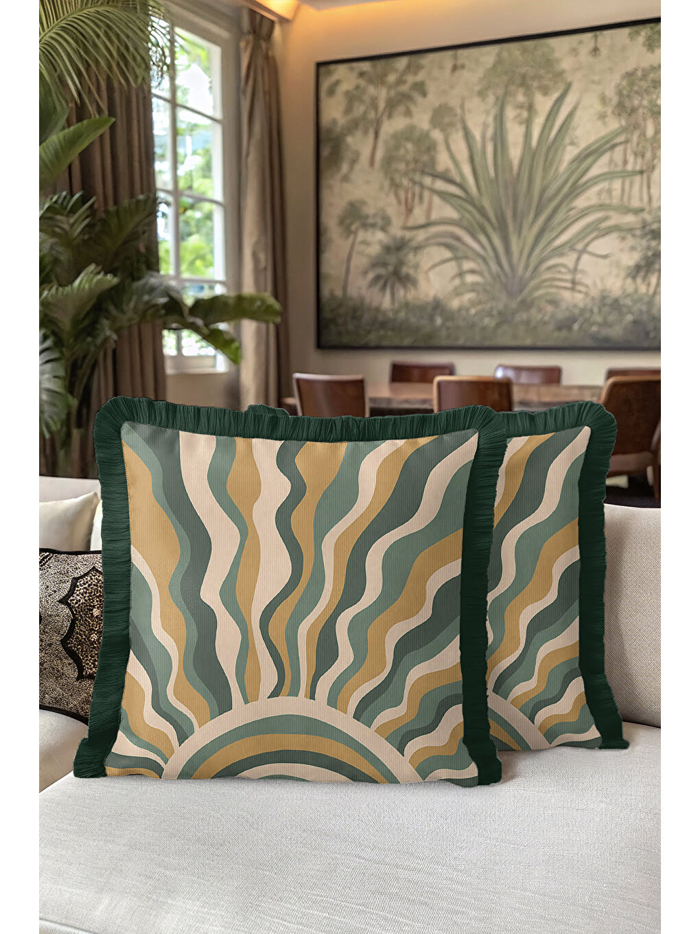 Karışık Retro Dalga Altın Renkli Saçaklı Yastık Kılıfı - Güneş Vurgulu Bohem Yeşil Püsküllü Kırlent Kılıfı-5