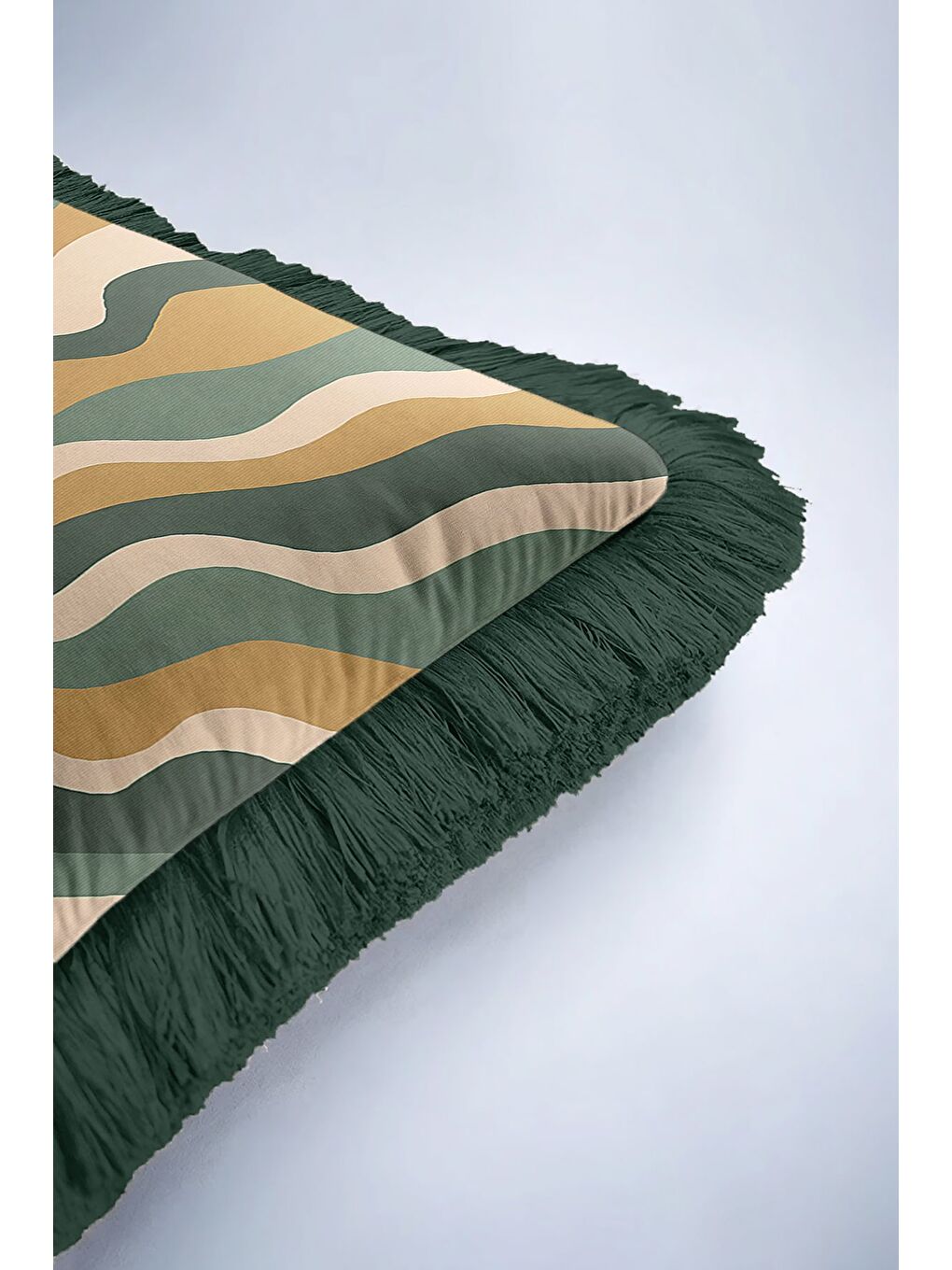 Karışık Retro Dalga Altın Renkli Saçaklı Yastık Kılıfı - Güneş Vurgulu Bohem Yeşil Püsküllü Kırlent Kılıfı-6