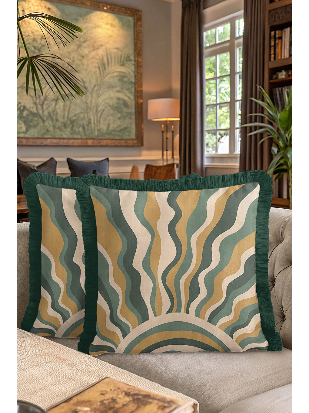 Karışık Retro Dalga Altın Renkli Saçaklı Yastık Kılıfı - Güneş Vurgulu Bohem Yeşil Püsküllü Kırlent Kılıfı-7