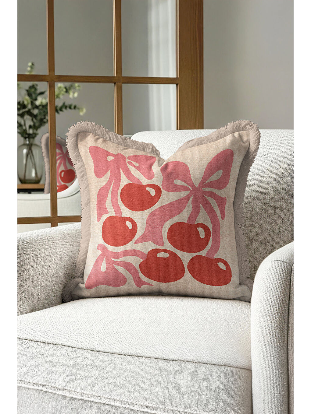 Karışık Romantik Kurdele Kiraz Saçaklı Yastık Kılıfı - Pastel Retro Bej Pembe Püsküllü Kırlent Kılıfı
