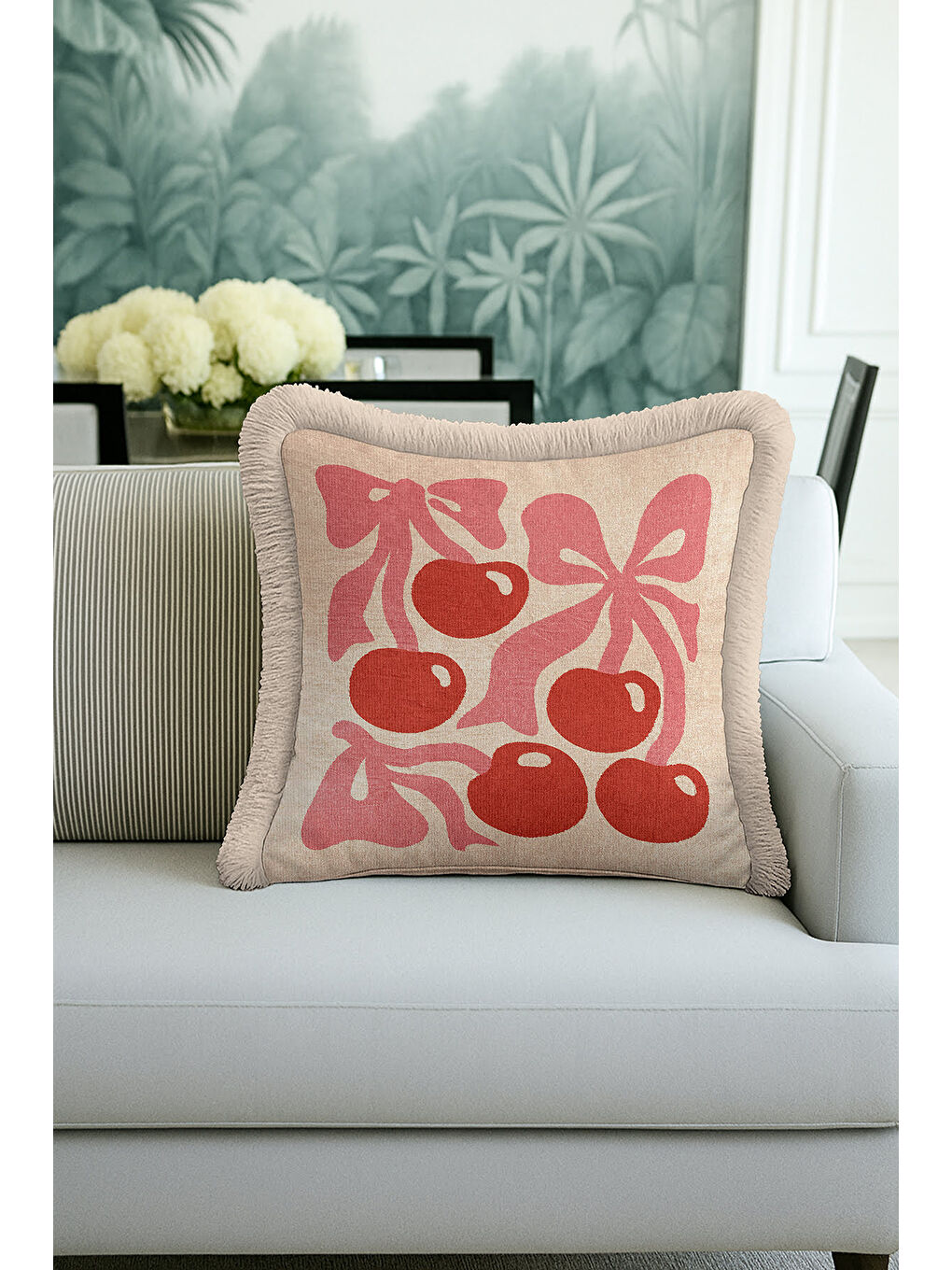 Karışık Romantik Kurdele Kiraz Saçaklı Yastık Kılıfı - Pastel Retro Bej Pembe Püsküllü Kırlent Kılıfı-1