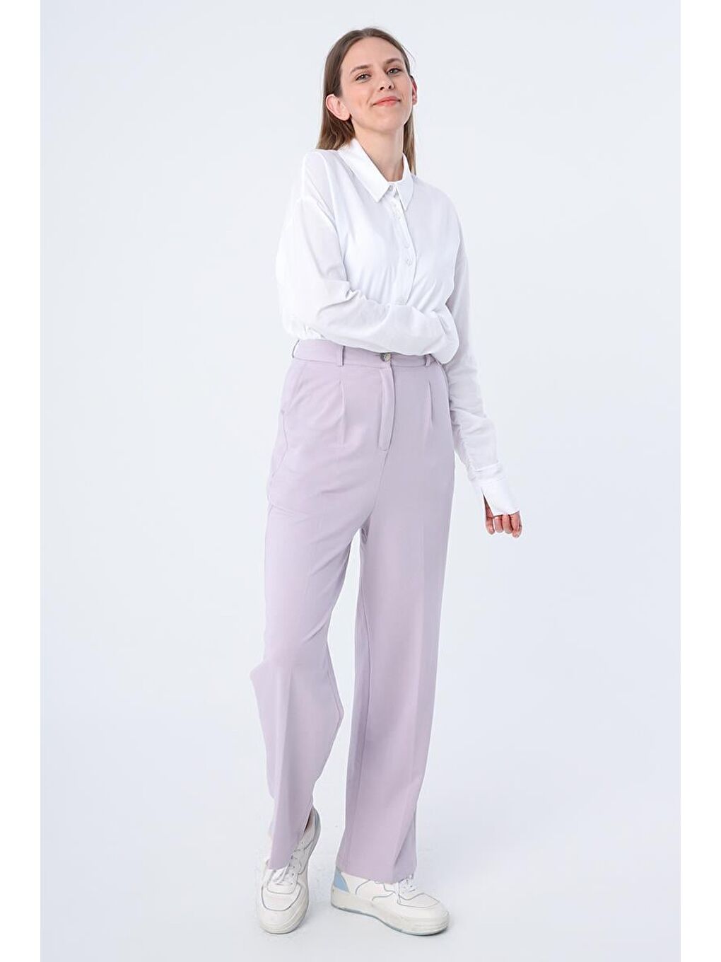 Lila-Pileli Pamuklu Örme Pantolon