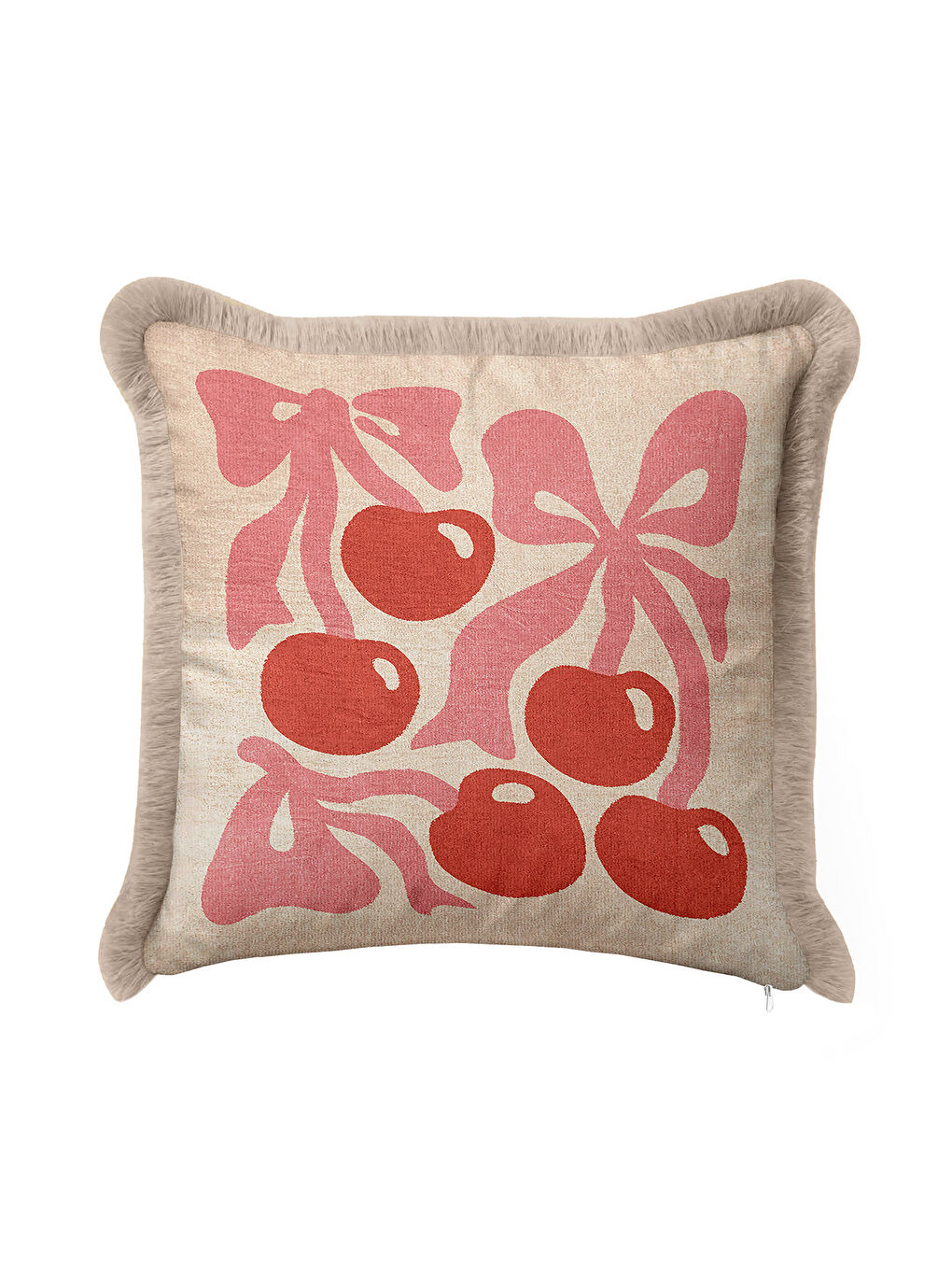 Karışık Romantik Kurdele Kiraz Saçaklı Yastık Kılıfı - Pastel Retro Bej Pembe Püsküllü Kırlent Kılıfı-2