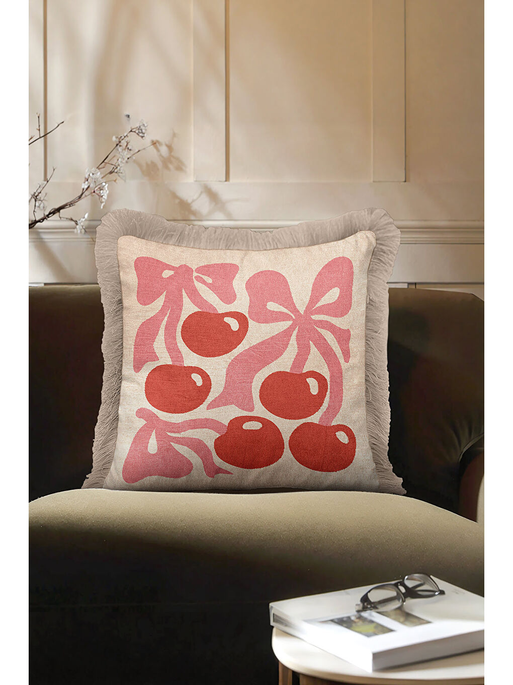 Karışık Romantik Kurdele Kiraz Saçaklı Yastık Kılıfı - Pastel Retro Bej Pembe Püsküllü Kırlent Kılıfı-3