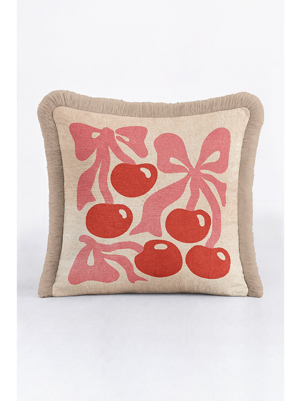 Karışık Romantik Kurdele Kiraz Saçaklı Yastık Kılıfı - Pastel Retro Bej Pembe Püsküllü Kırlent Kılıfı-4