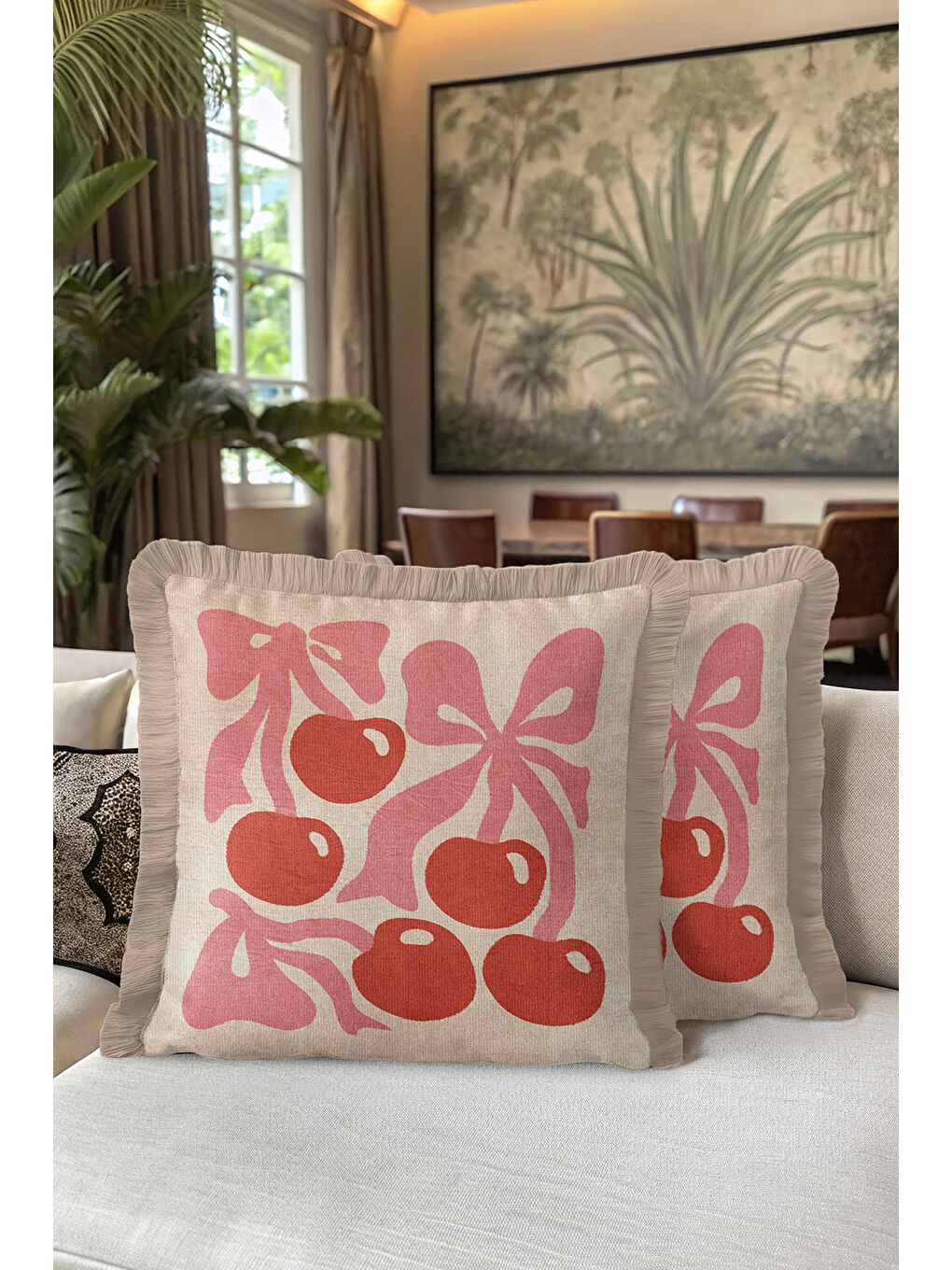 Karışık Romantik Kurdele Kiraz Saçaklı Yastık Kılıfı - Pastel Retro Bej Pembe Püsküllü Kırlent Kılıfı-5