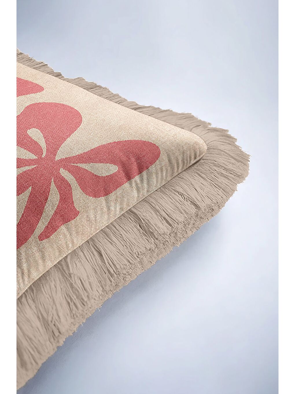 Karışık Romantik Kurdele Kiraz Saçaklı Yastık Kılıfı - Pastel Retro Bej Pembe Püsküllü Kırlent Kılıfı-6