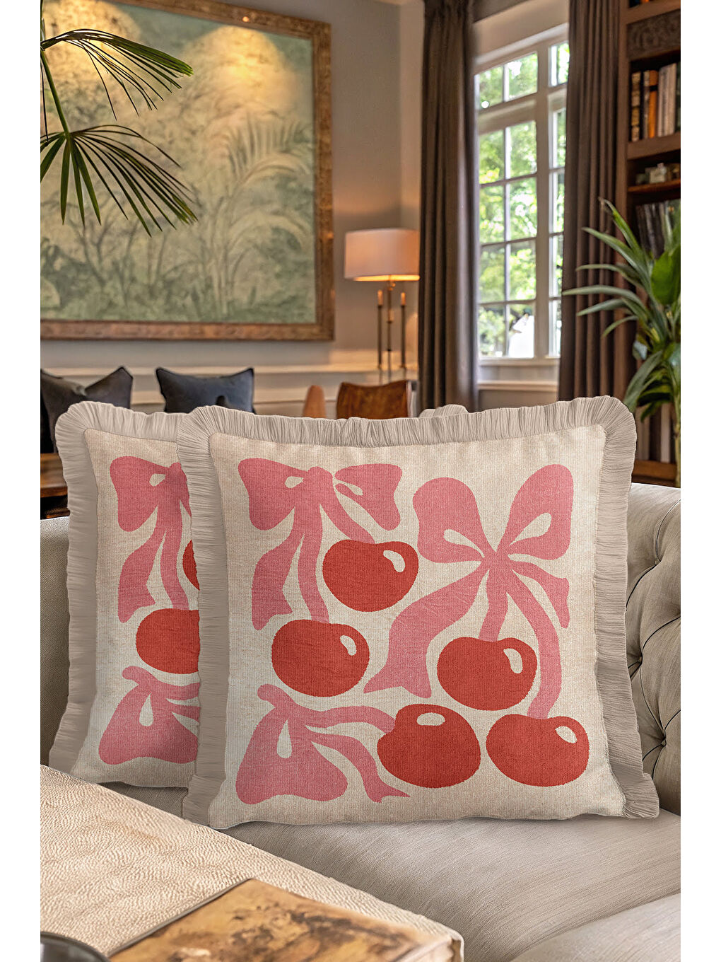 Karışık Romantik Kurdele Kiraz Saçaklı Yastık Kılıfı - Pastel Retro Bej Pembe Püsküllü Kırlent Kılıfı-7