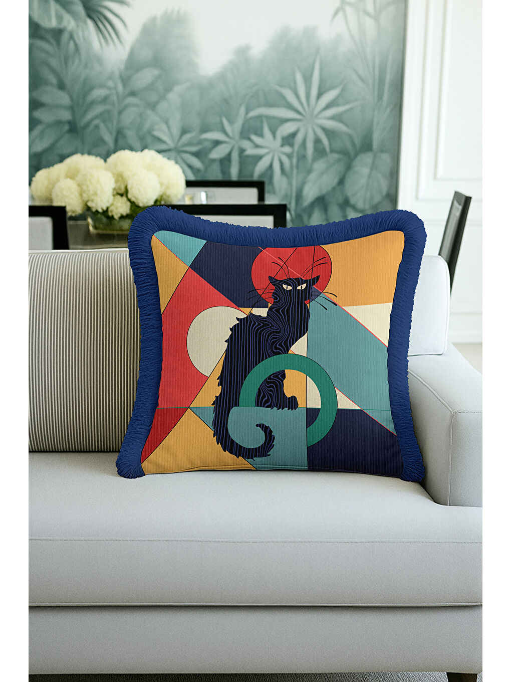 Karışık Geometrik Sanatlı Saçaklı Yastık Kılıfı - Soyut Kedi Figürlü Modern Lacivert Püsküllü Kırlent Kılıfı