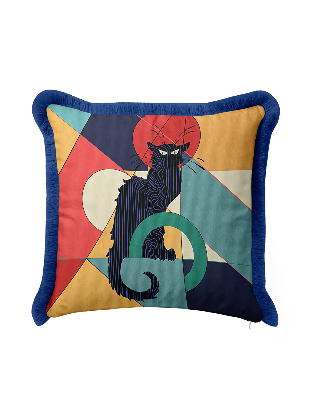 Karışık Geometrik Sanatlı Saçaklı Yastık Kılıfı - Soyut Kedi Figürlü Modern Lacivert Püsküllü Kırlent Kılıfı-1