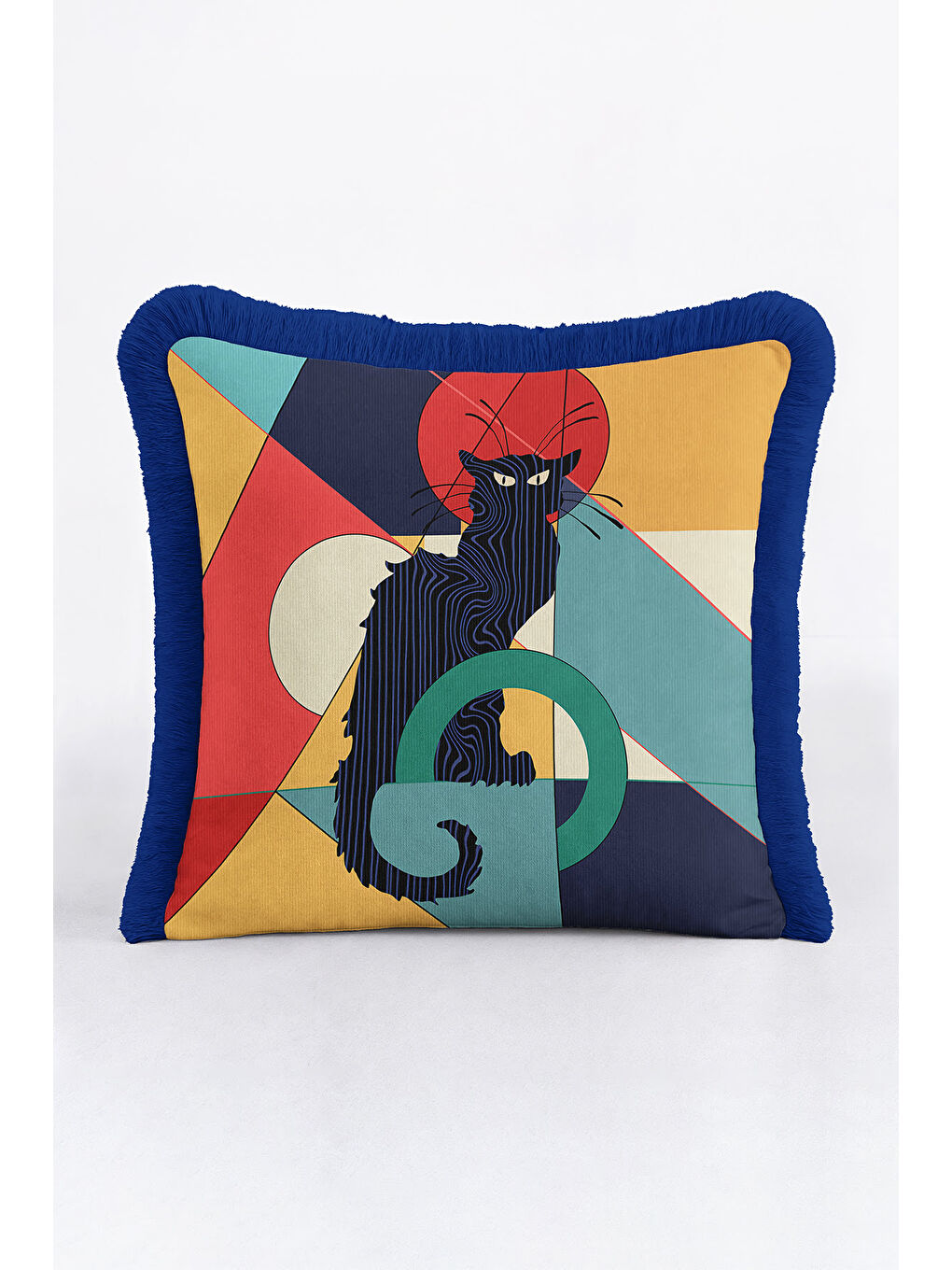 Karışık Geometrik Sanatlı Saçaklı Yastık Kılıfı - Soyut Kedi Figürlü Modern Lacivert Püsküllü Kırlent Kılıfı-2