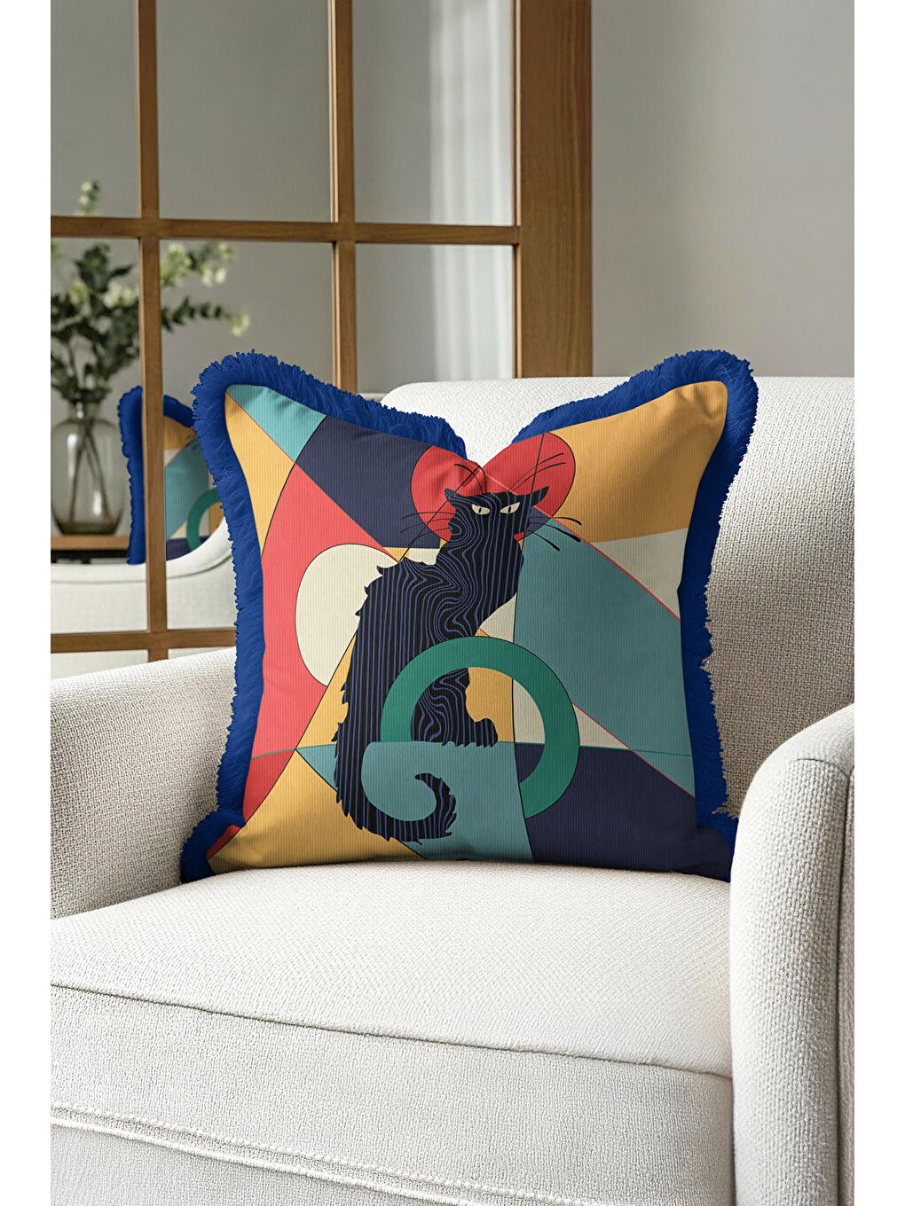 Karışık Geometrik Sanatlı Saçaklı Yastık Kılıfı - Soyut Kedi Figürlü Modern Lacivert Püsküllü Kırlent Kılıfı-3