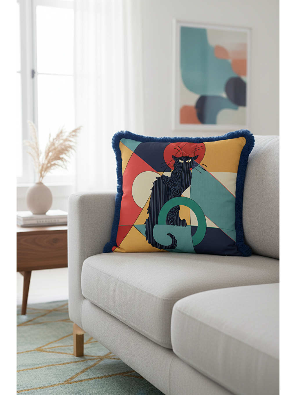 Karışık Geometrik Sanatlı Saçaklı Yastık Kılıfı - Soyut Kedi Figürlü Modern Lacivert Püsküllü Kırlent Kılıfı-4