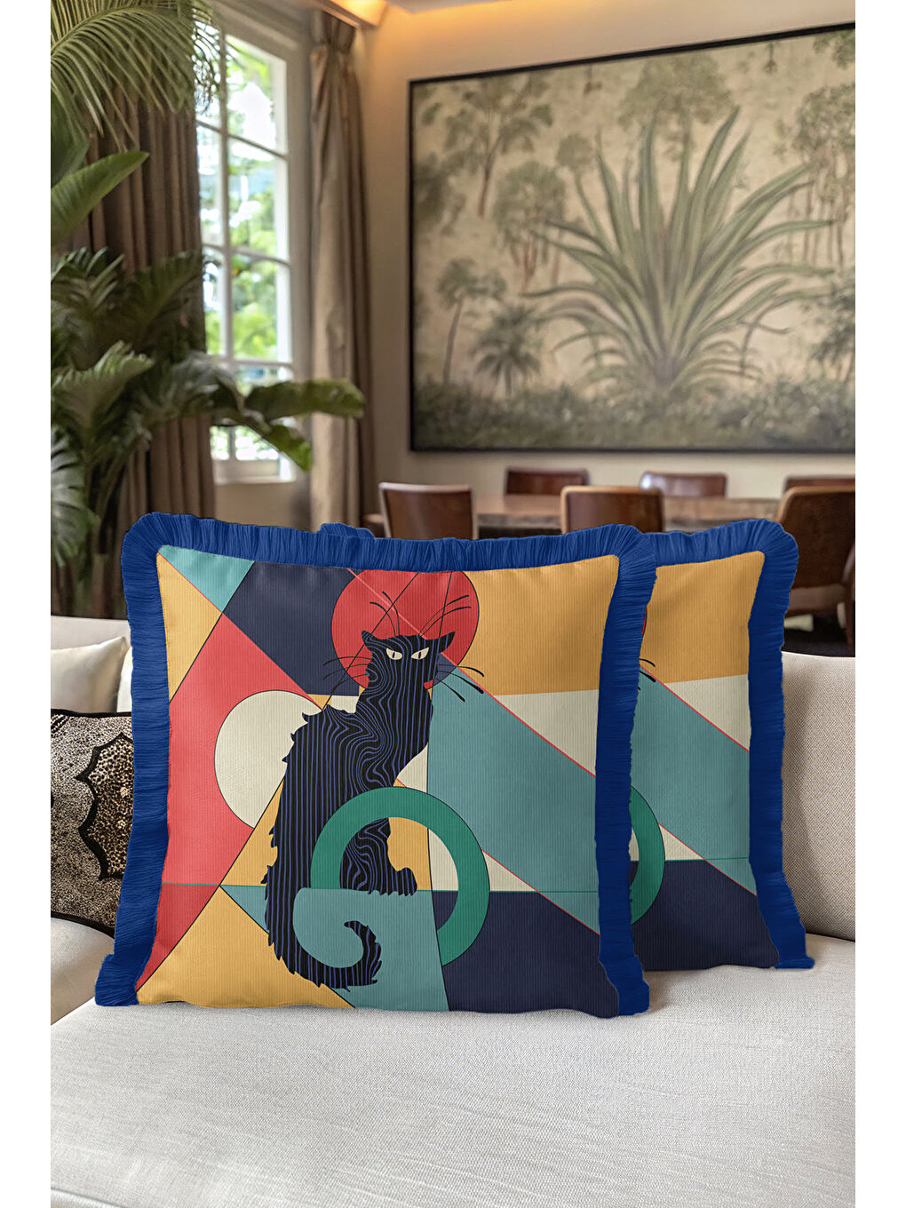 Karışık Geometrik Sanatlı Saçaklı Yastık Kılıfı - Soyut Kedi Figürlü Modern Lacivert Püsküllü Kırlent Kılıfı-5
