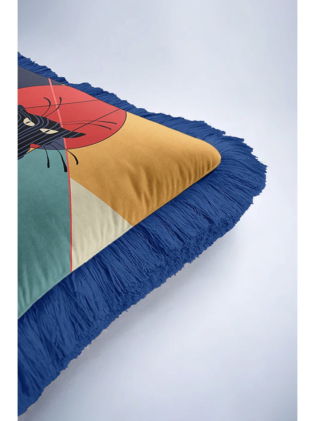 Karışık Geometrik Sanatlı Saçaklı Yastık Kılıfı - Soyut Kedi Figürlü Modern Lacivert Püsküllü Kırlent Kılıfı-6