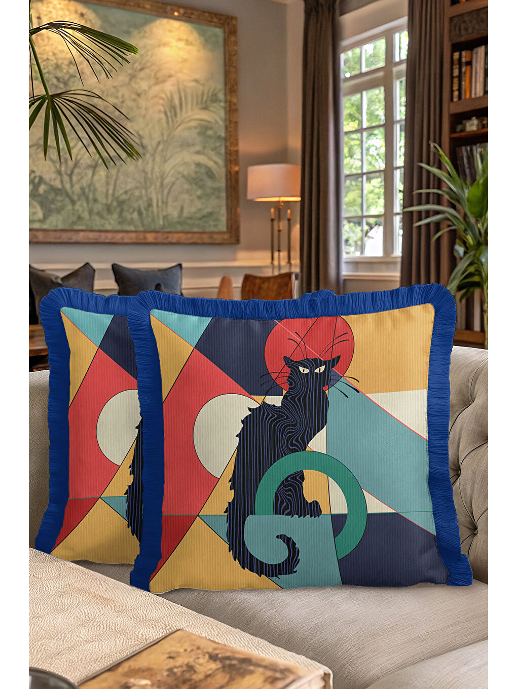 Karışık Geometrik Sanatlı Saçaklı Yastık Kılıfı - Soyut Kedi Figürlü Modern Lacivert Püsküllü Kırlent Kılıfı-7