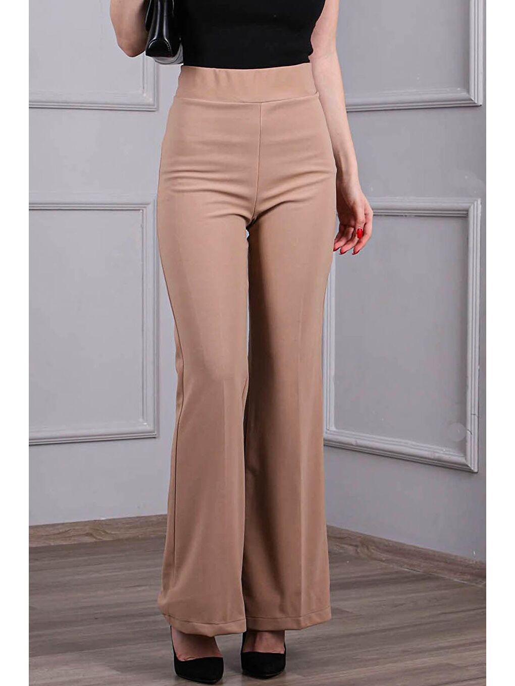 Bej Beli Lastikli Kadın İspanyol Paça Pantolon MG1669-2