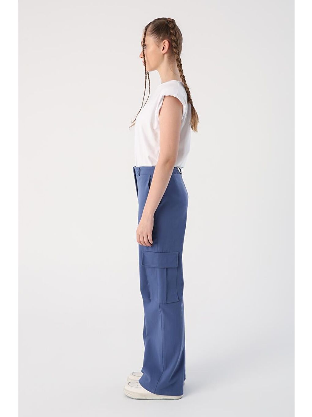 Mavi-Pamuklu Kargo Cepli Bol Paça Pantolon-2
