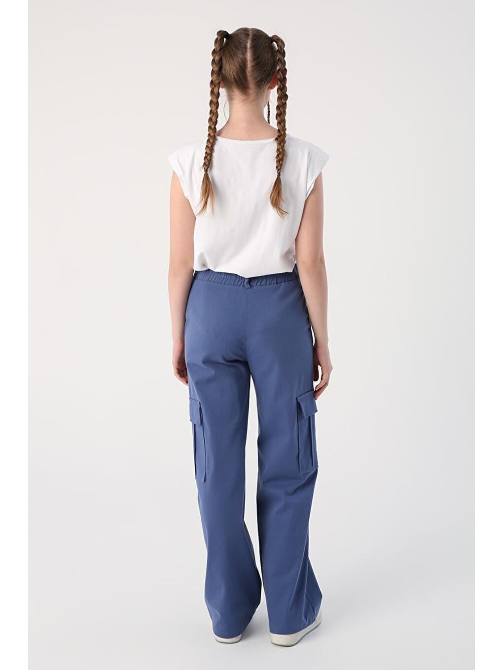 Mavi-Pamuklu Kargo Cepli Bol Paça Pantolon-3