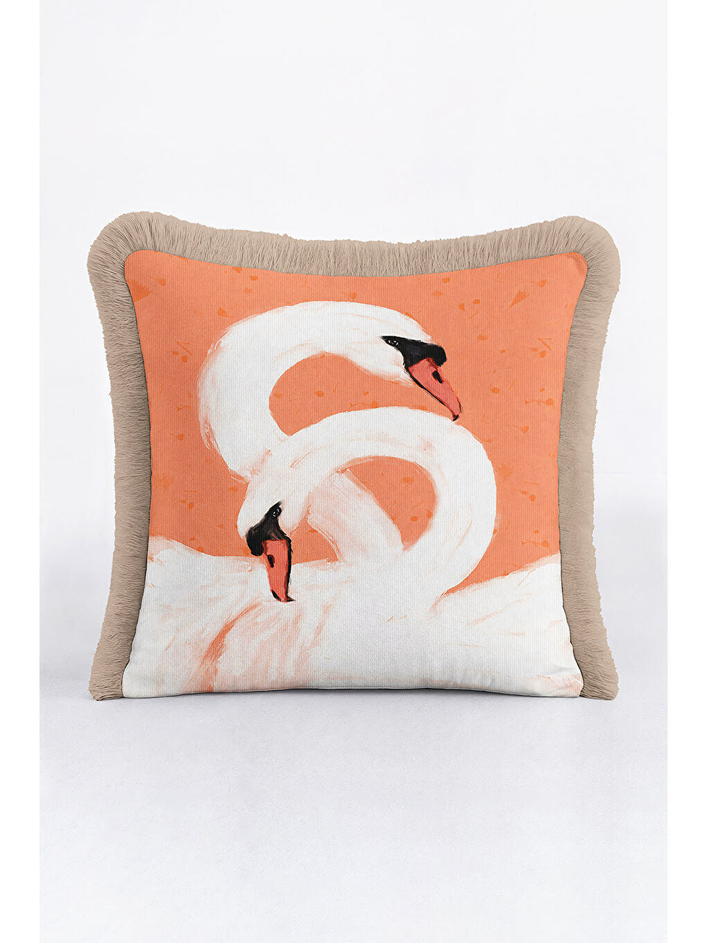 Karışık Zarif Kuğu Motifli Saçaklı Yastık Kılıfı - Pastel Romantik Bohem Şeftali Ton Püsküllü Kırlent Kılıfı-1