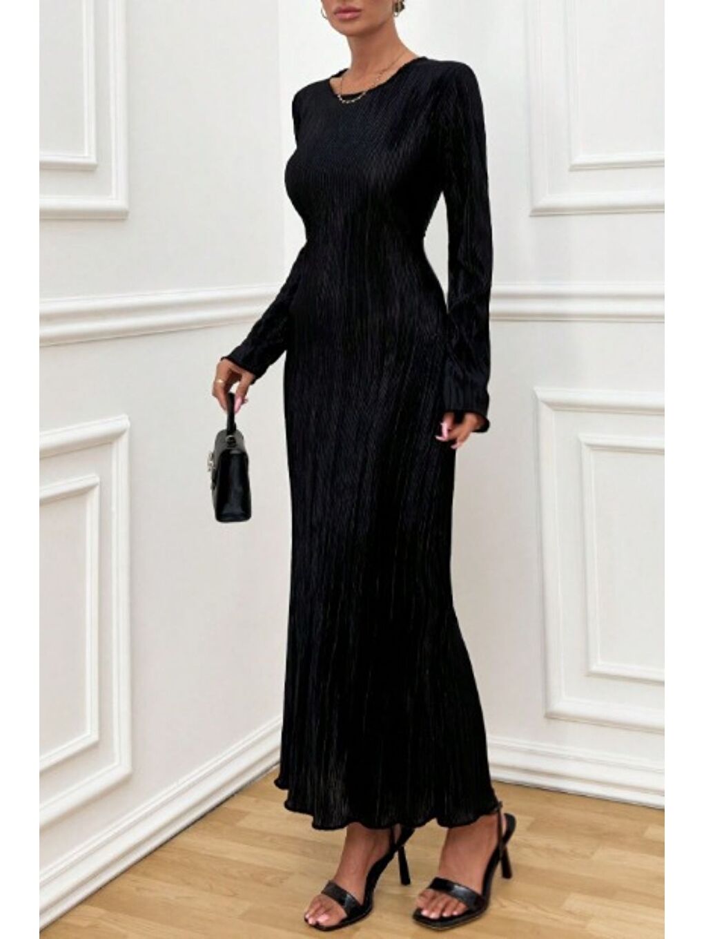 Kadın Siyah Piliseli Uzun Modest Elbise-2