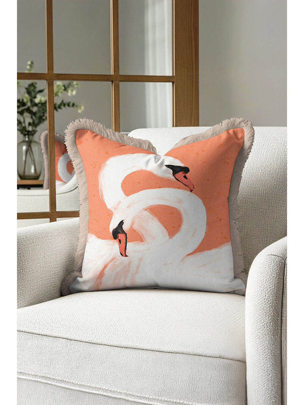 Karışık Zarif Kuğu Motifli Saçaklı Yastık Kılıfı - Pastel Romantik Bohem Şeftali Ton Püsküllü Kırlent Kılıfı-2